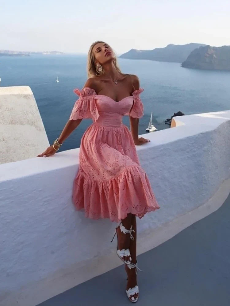 jinran Women Sexy Off Shoulder Lace Long Dress 2022 Solid Ruffle Cutout Boho Casual Holiday Beach Elegant Party Dresses Summer платье