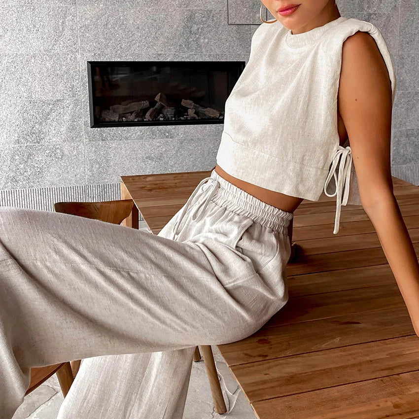 jinran Spring Summer 2024 Women Holiday Linen Pant Set Crop Tops Solid Outfits 2 Two Piece Matching Set For Women