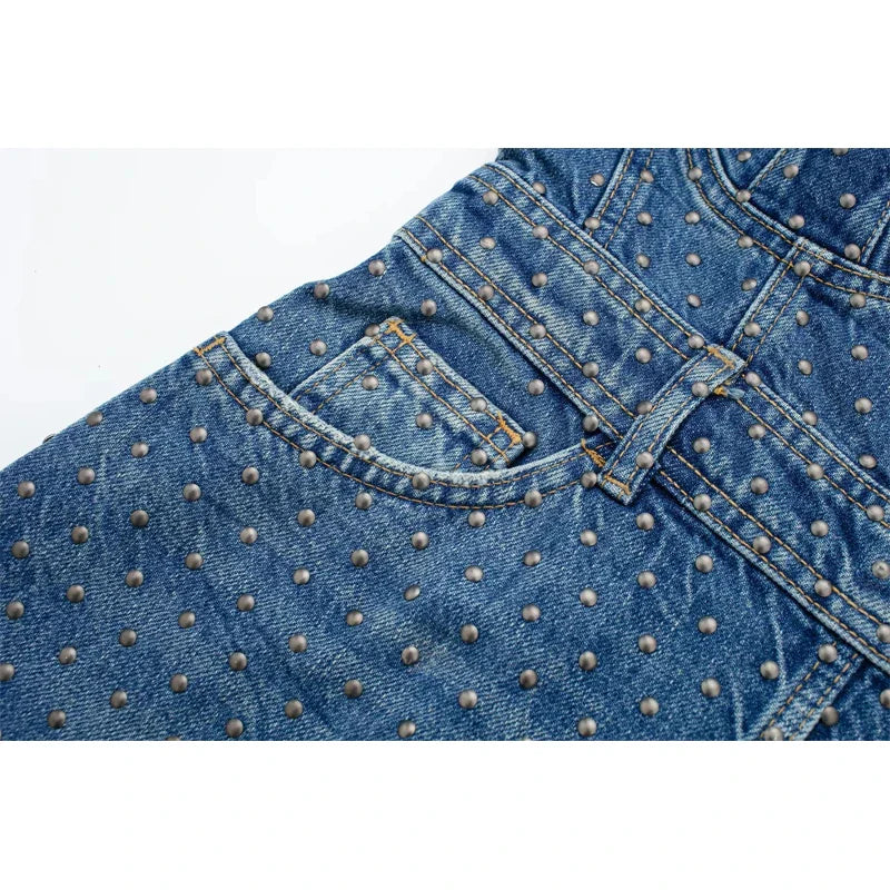 jinran 2024 Woman Slip Denim Dress Sleeveless Corset Midi Dress Streetwear Studded Summer Dresses For Women Casual Backless Dress