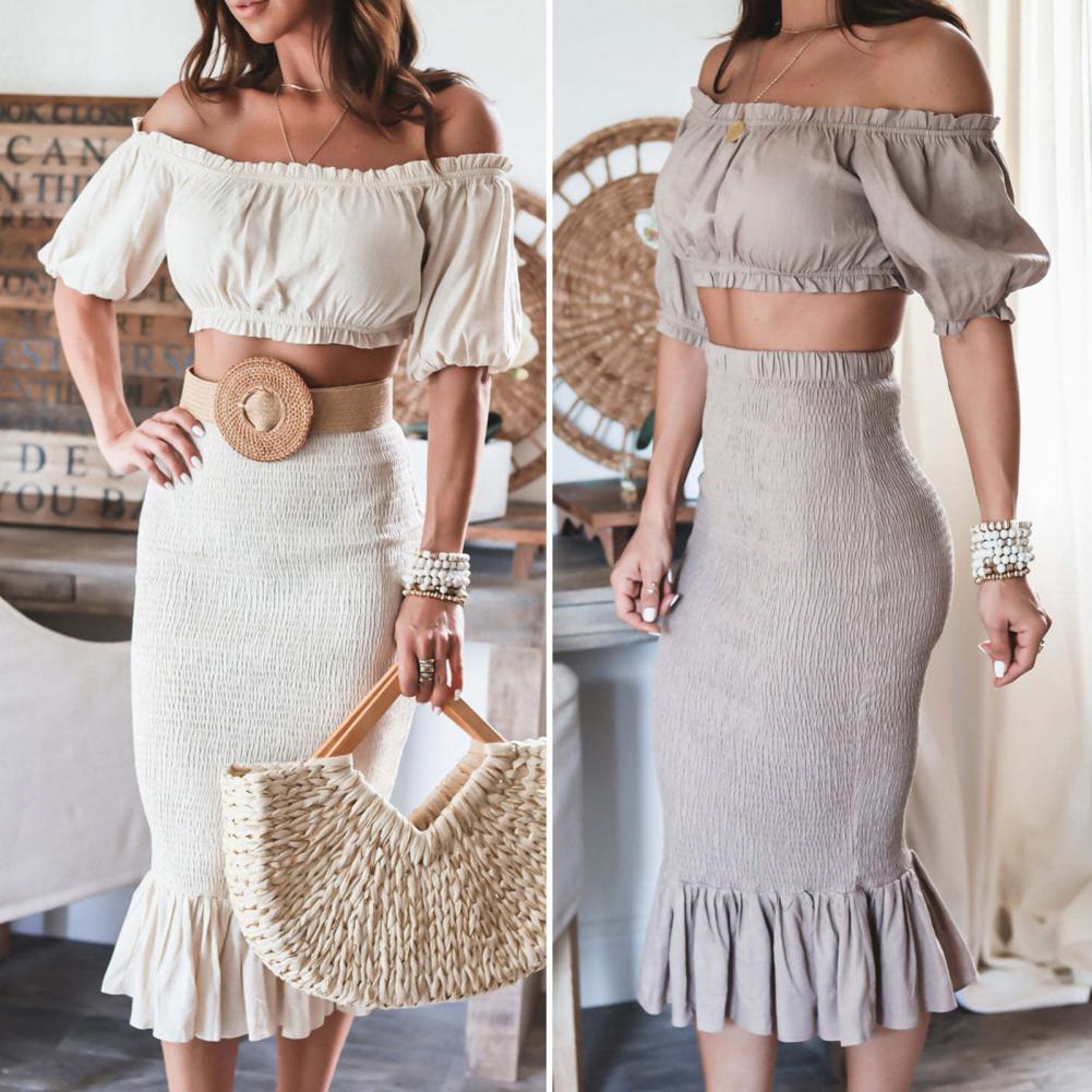 jinran - 1 Set Crop Top Skirt Off Shoulder Ruffles Summer Hip Wrap Fish Tail Skirt Suit for Party