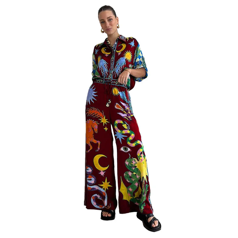 jinran Women Digital Printed Two-piece Set Chic Lapel Long Sleeved Top Loose Straight Leg Pants Suit 2024 Fashion Lady High Streetwear