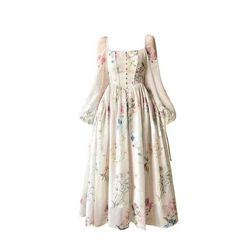 jinran Summer French Floral Midi Dress Elegant Chiffon Long Sleeve Party Dress Woman Beach Evening Fairy One Piece Dress Korean