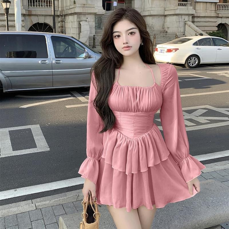 jinran Sweet Pink Dress French Women Halter Folds Strapless Ruffled Holiday Dress Summer New Long Sleeve Fashion Pleated Mini Dress