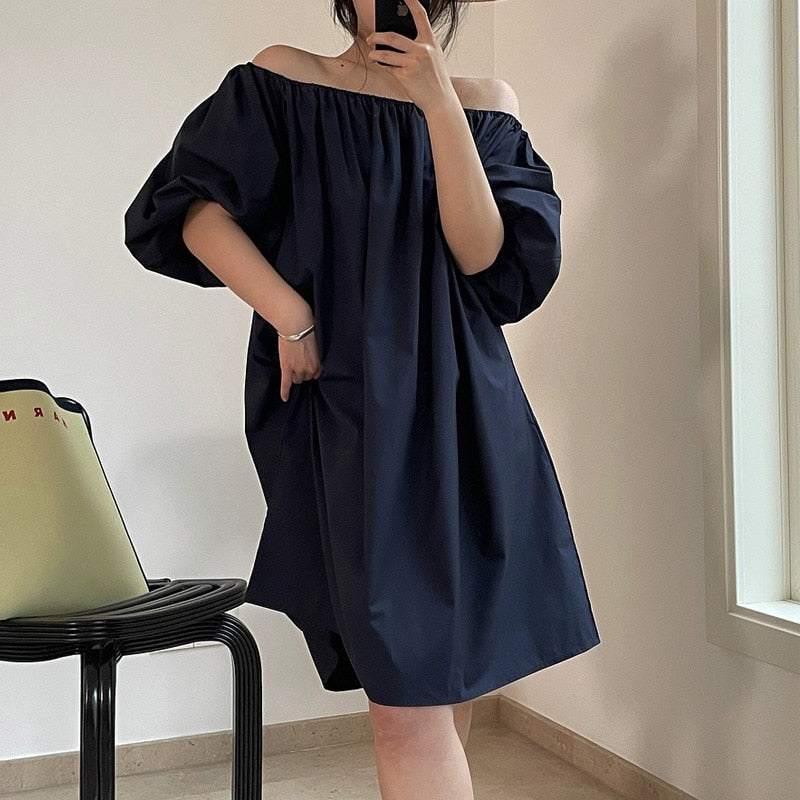 jinran Summer women's casual solid color puff sleeve loose dress
