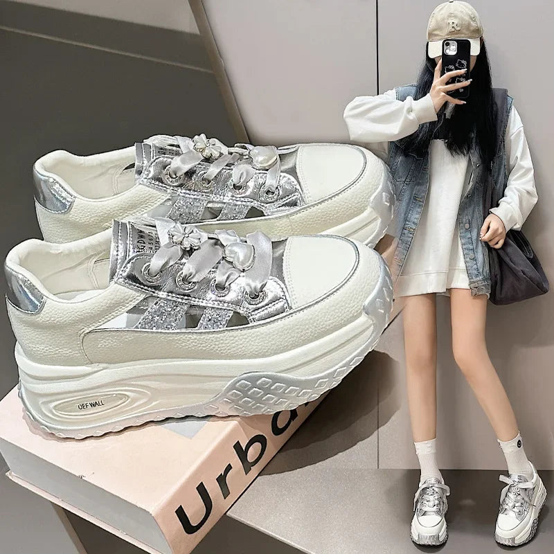 jinran leather thick soled hollowed out women's summer new versatile breathable and elevated sports and leisure shoes shoes