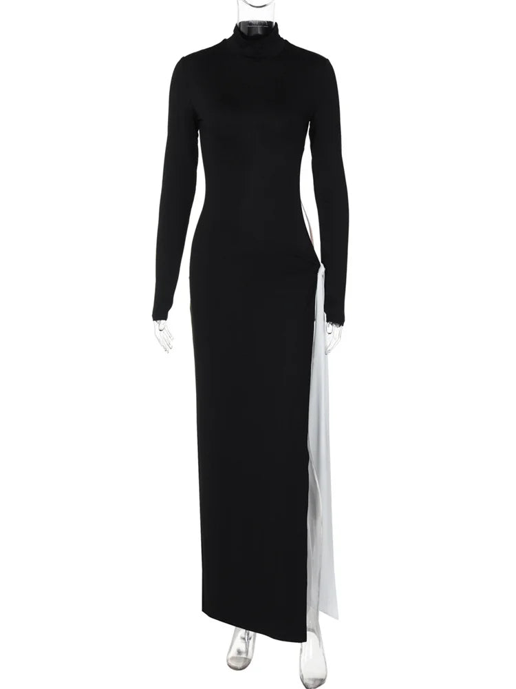 nvxiot - Autumn Hollow Out Contrast Long Dress Women's Bandage Slim Long Sleeve Pleated Sexy Fashion Dress Ladies High Waist Dress