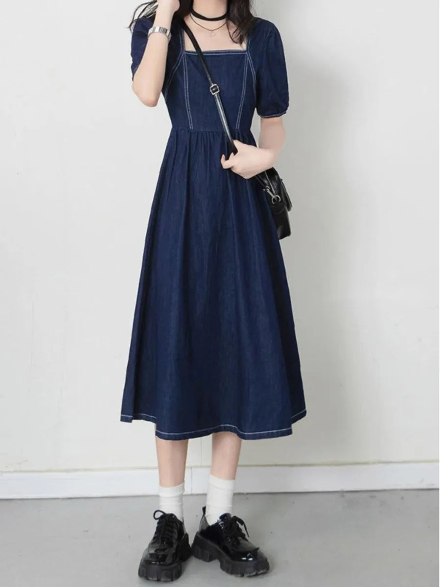 jinran Vintage Square Neck Denim Dress Women Chic Back Zipper Pleated Spliced Female Short Sleeve Dresses 2024 Summer New Vestido