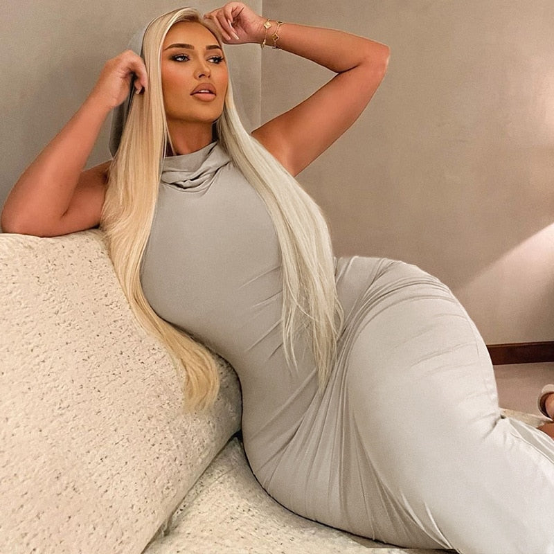 jinran Fashion Hooded Summer Sexy Y2K Clothes Sleeveless Bodycon Maxi Slit Dresses for Women Club Party Evening Streetwear