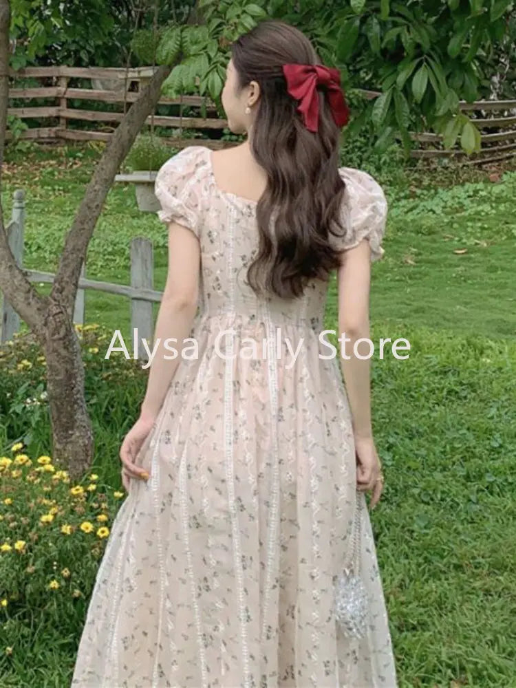 jinran Vintage Puff Sleeve Fairy Midi Dress Women Sweet Elegant Korean Style Floral Dress Female 2023 Summer Casual Party Dresses Chic