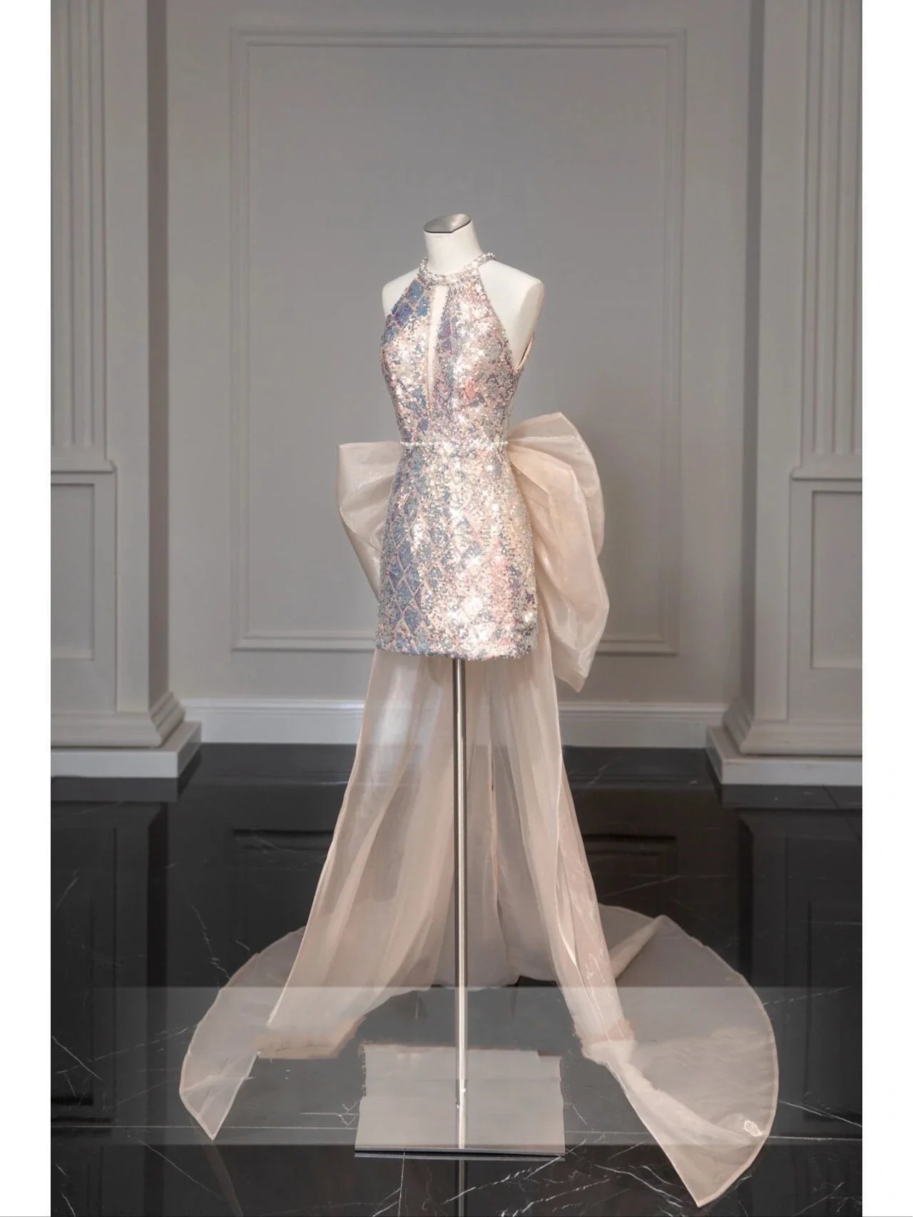 jinran Shiny Pink Mermaid Evening Dresses Bowknot Sequined Beading Detachable Tailing Halter Collar Customize Luxury Prom Gowns 2024