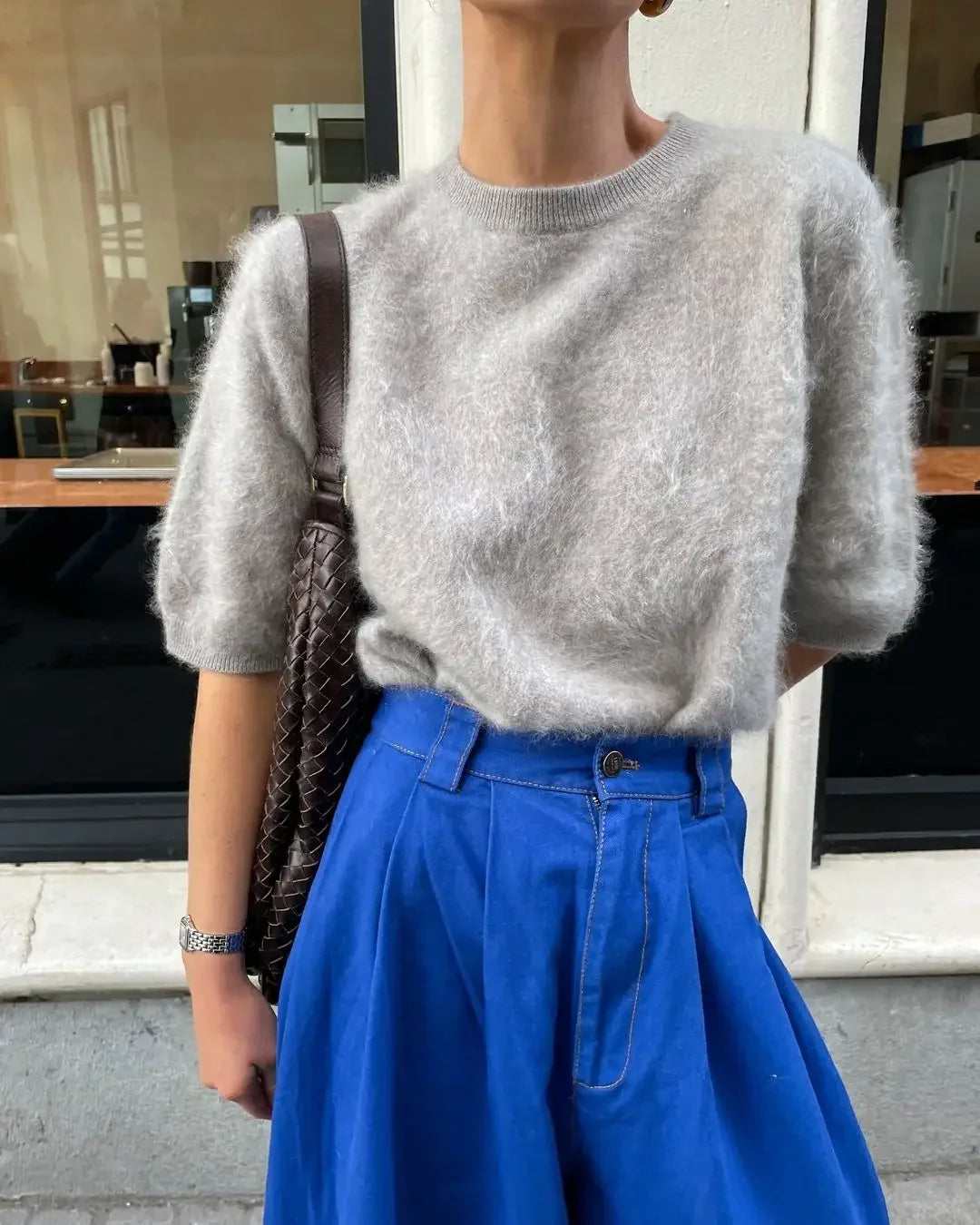 nvxiot - Autumn Grey Mohair Chic Short Sleeve O-neck Knit Pullover Women Fashion Knitted Sweater New Female Streetwear Pullovers 2024