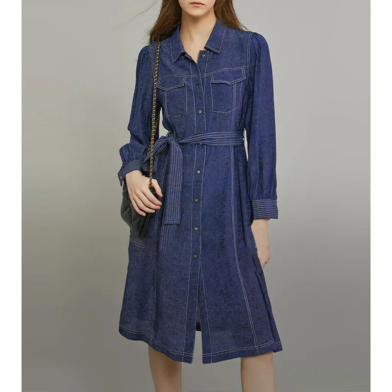 jinran 100%Real Silk Casual Denim Dress Women Turn-down Collar Long Sleeve Elegant Retro Dresses 2024 Spring Summer D41439QM