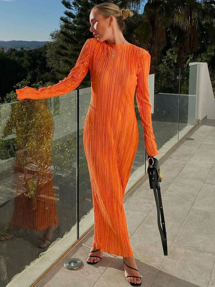jinran Autumn Striped Ruched Ruffle Sexy Y2K Clothes Long Sleeve Bodycon Midi Dresses For Women 2024 Club Party Elegant Outfit