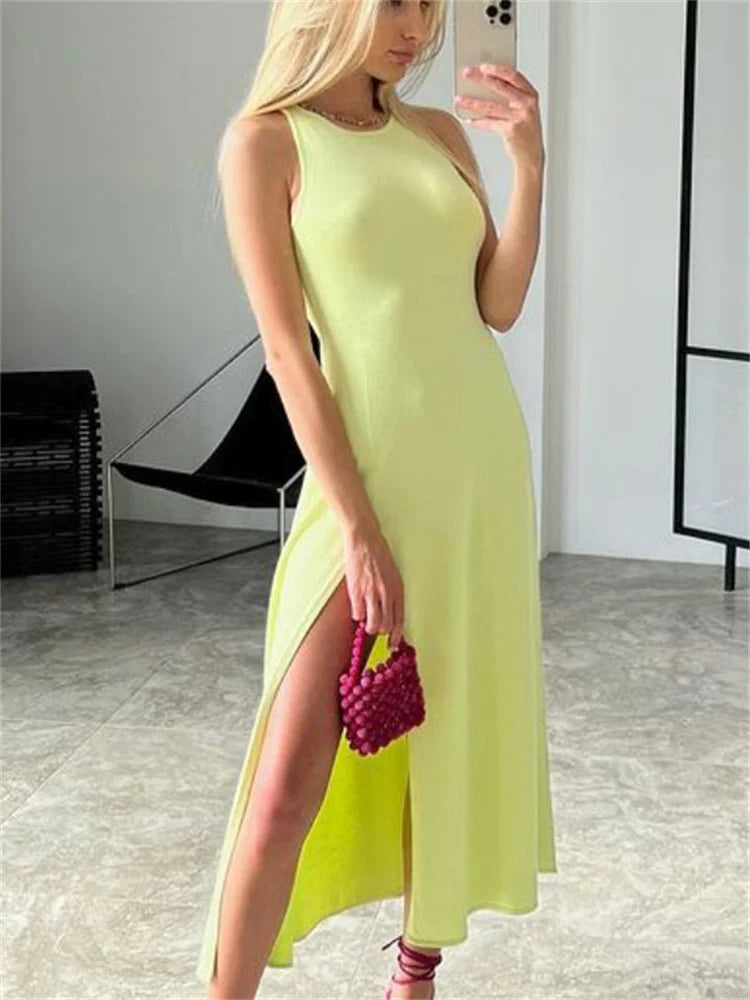 jinran Summer New Sleelvess Slim Bodycon Dress Women Casual High Split Out Solid Holiday Beach Sundress White Tank Dresses 2023