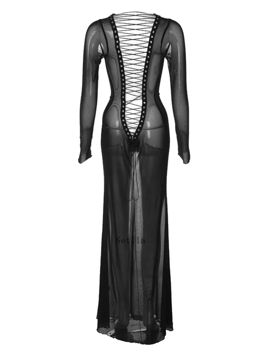 jinran Women See Through Bodycon Long Dress Long Sleeve Mesh Sheer Maxi Dress Cross Tie Up Backless Club Party Dress Maxi Dress