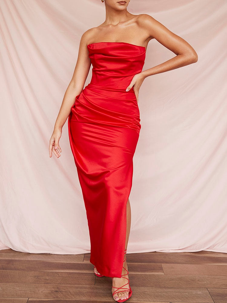 jinran Nightclub Style Dresses Strapless Sleeveless Solid Color Slit Pleated Grace Long Dress Summer Sexy Red Dresses