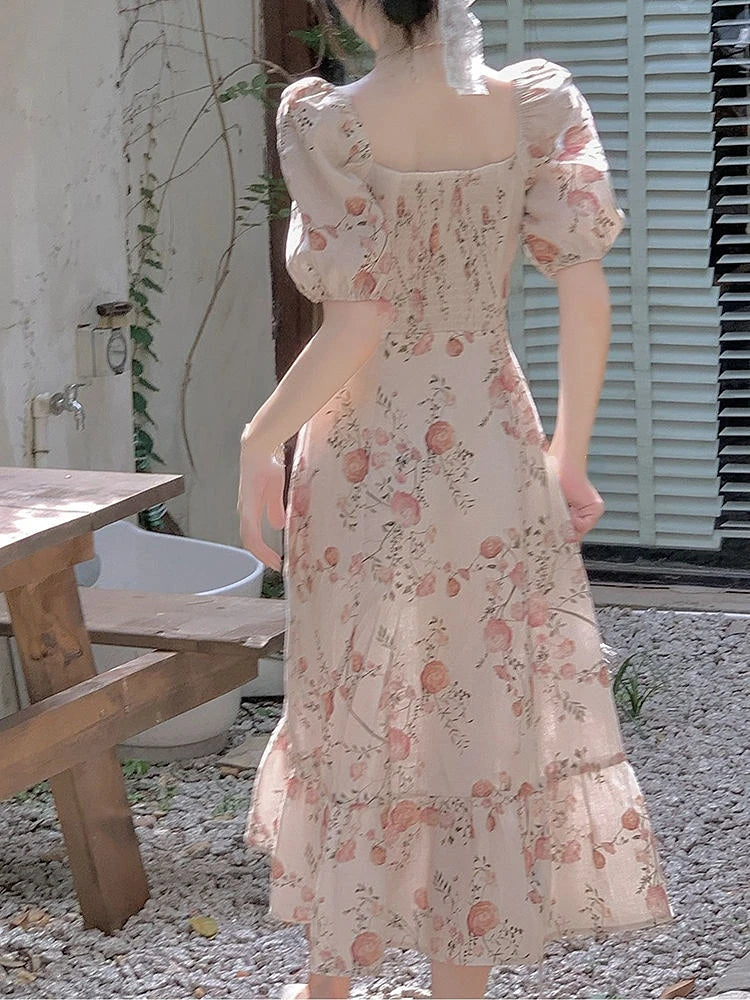 jinran French Elegant Vintage Dress Women Summer Short Sleeve Beach Style Floral Midi Dress Chic One Piece Dress Korea Women Party