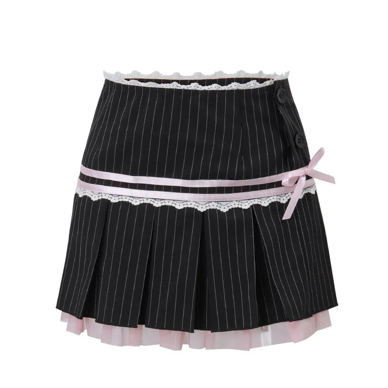 jinran Summer Skirt Women Sweet Streetwear Fashion Lace Patchwork Bandage Casual Sexy Slim Mini Skirt Solid Party Elegant Skirts Female