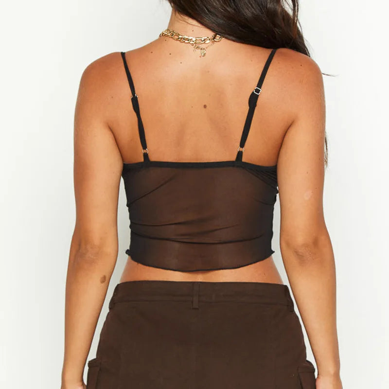 jinran Sexy Mesh Camis Women Corset New Sleeveless Summer Streetwear Fashion Bandage V-Neck Black Crop Top Backless Basic Cropped Tops
