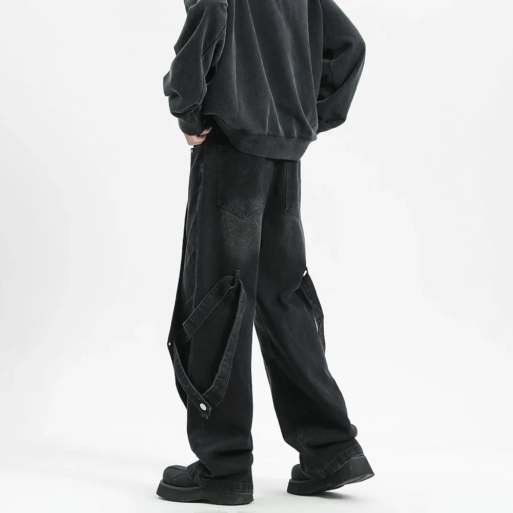 Korean Hip Hop Patchwork Wide Leg Jeans Pants Men Fashion Hole Streetwear Baggy Denim Trousers Male Oversized Straight Denim