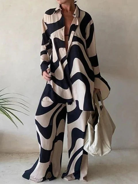 jinran Elegant Summer Stripes Shirt Pants Set Women Loose Long Sleeve Blouses Matching Wide Trousers Suit 2024 Casual 2 Piece Pant Set