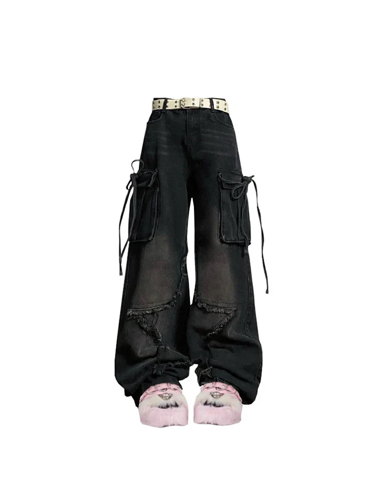 jinran Women Blue Cargo Jeans Baggy Vintage 90s Aesthetic High Waist Cowboy Pants Harajuku Denim Trousers Y2k Trashy 2000s Clothes 2024