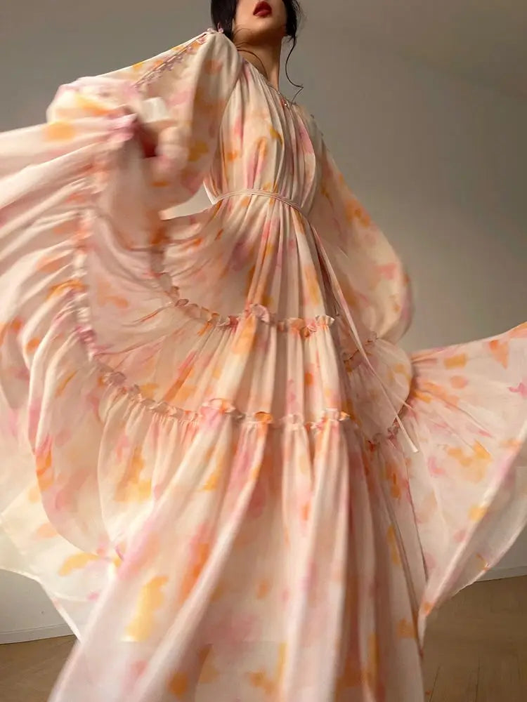 jinran Elegant Print Midi Dresses For Women 2023 Spring Summer New French Fashion Sweet Vintage Female Clothes Loose Maxi Y2k Dress