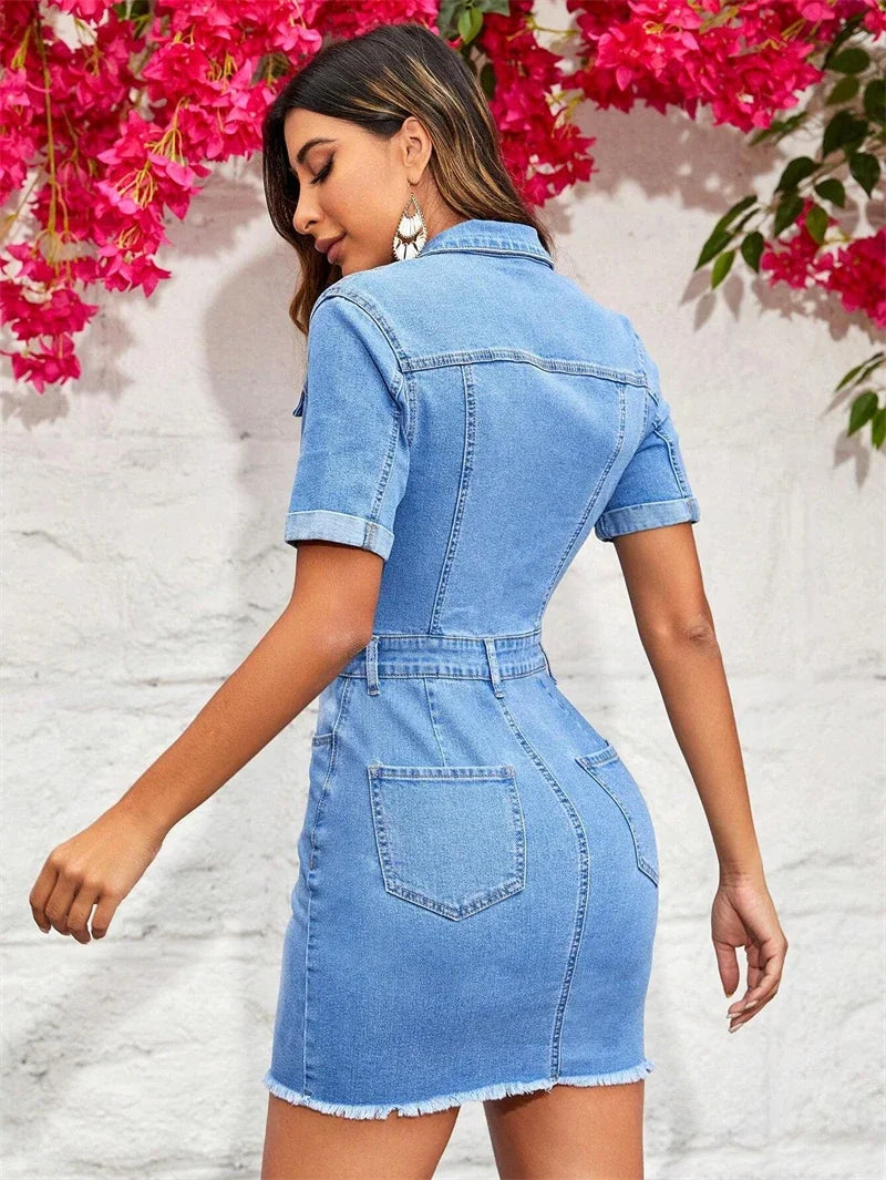 jinran Streetwear Jean Jacket Dress Women Summer Y2K Clothing Short Sleeve Button Up Mini Dress Vintage Cowboy Denim Dress Vestidos