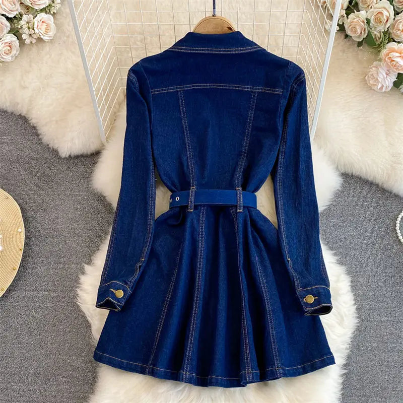 jinran 2024 Spring Autumn Retro High Quality Long Sleeve Suit Collar Double Breasted Slim A Line Denim Dress Women Shirt Jacket T1485