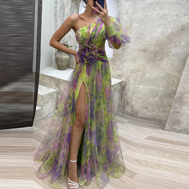 jinran Women High Waist Hollow Out Slit Dresses Party Lady Chic Patchwork Print Maxi Dress Summer Off Shoulder Long Dress New Vestido