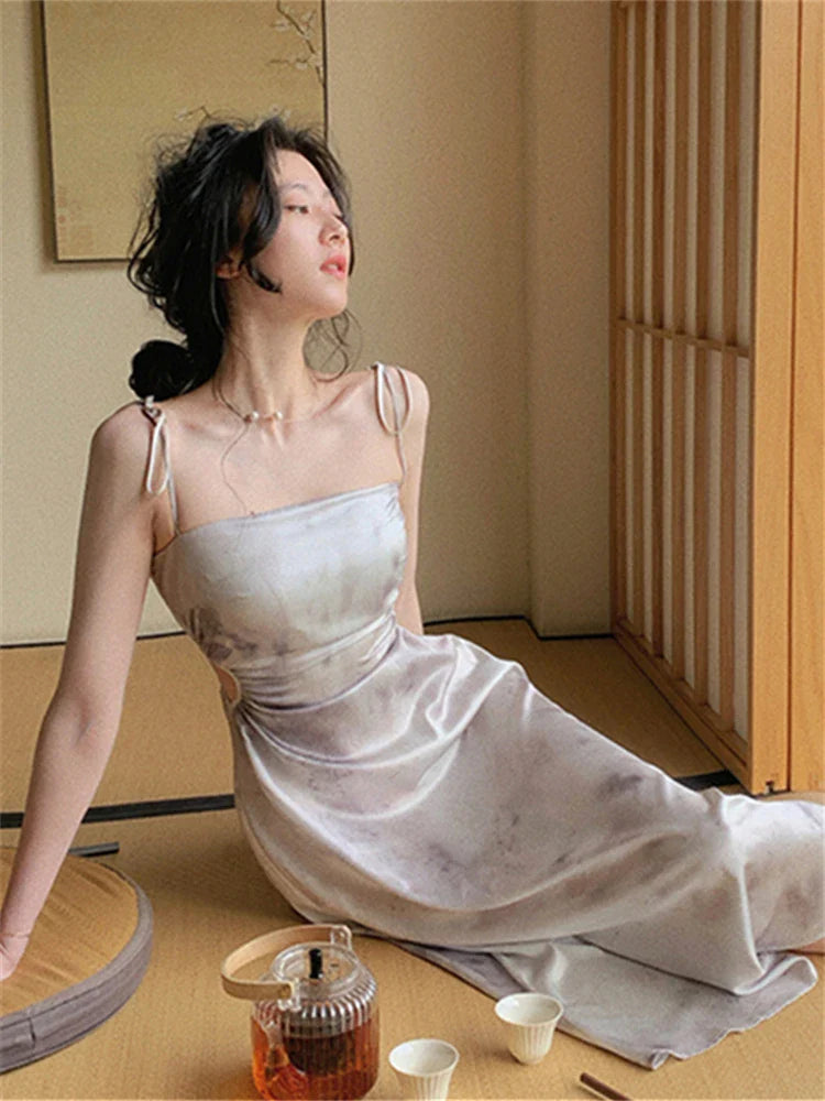 jinran Sexy Satin Midi Dress Women Spaghetti Strap Backless Summer Holiday Slim Vintage Wedding Prom Robe One Piece Vestidos Mujer New