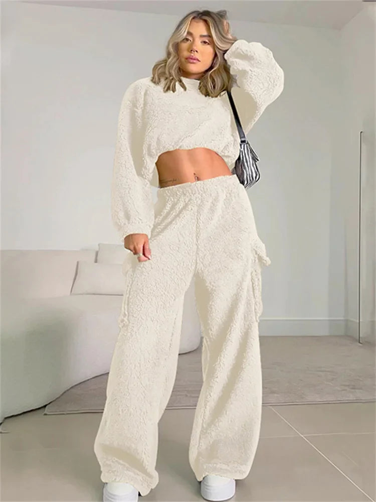 nvxiot - Autumn Loose Fashion 2 Piece-Set Trousers For Women Cropped Pullover Top And High Waist Patchwork Women's Pants Sets 2024