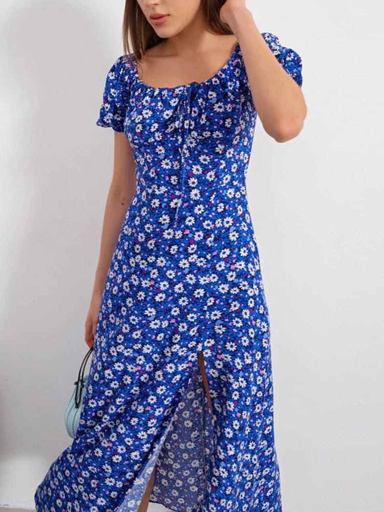 jinran Sexy Floral Print Short Sleeve Hip Wrap Party Dress Elegant Off Shoulder Backless Dress New Summer Waist Slit Boho Long Dresses