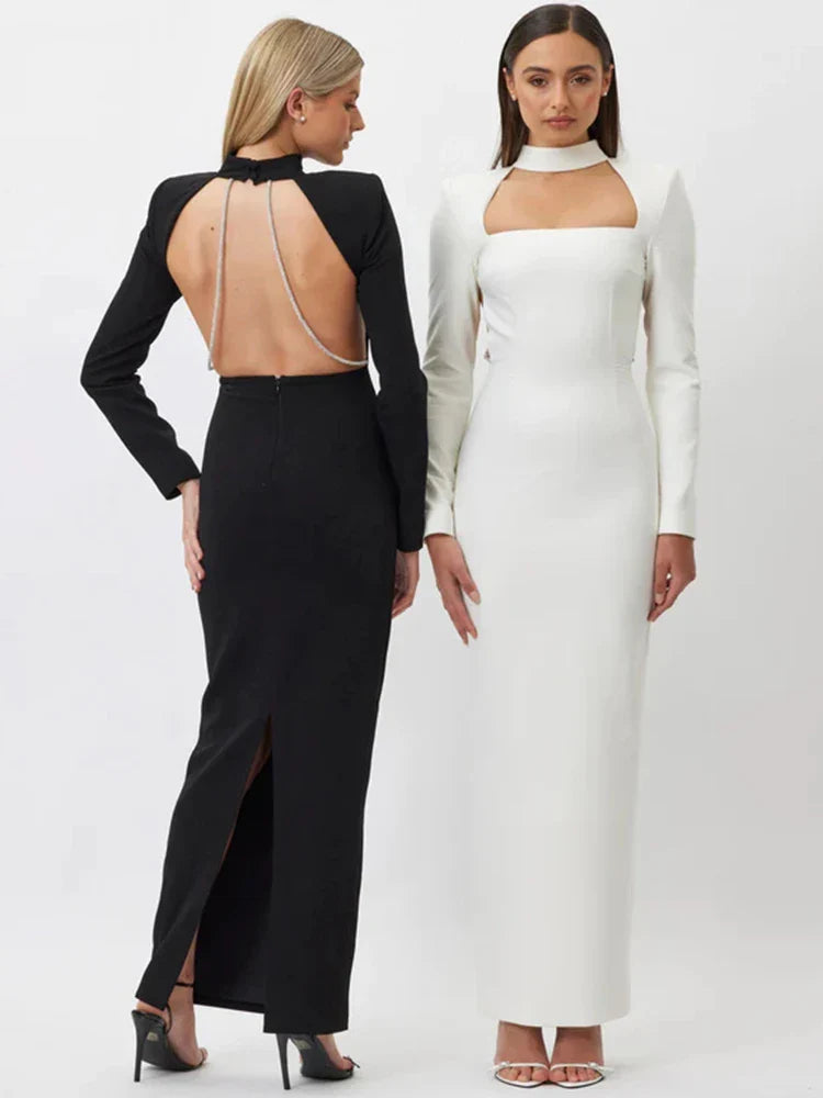 jinran Elegant Sparkle Chain Backless Maxi Dress For Women Autumn Winter New Long Sleeve Bodycon Split Long Dress 2024 New