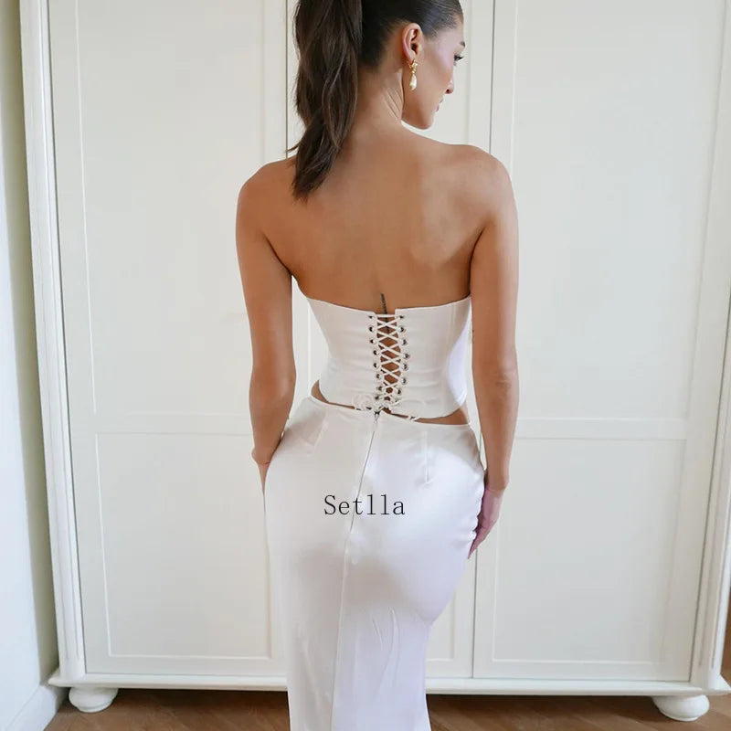 jinran Elegant Fashion Corset Dress Sets Satin Bandage Sexy Backless 2 Piece Sets Summer Outfits for Women Co-ords Set Skirt Sets