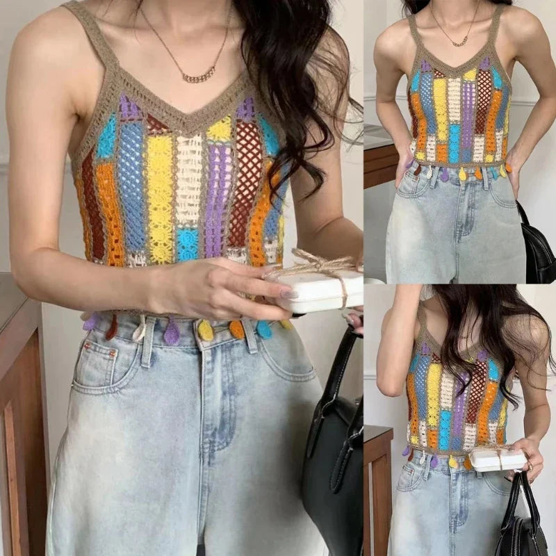 jinran Women Bohemian Crocheted Sleeveless V-Neck Camisole Summer Hollowed Knitted Colorful Tassels Thin Straps Crop Top