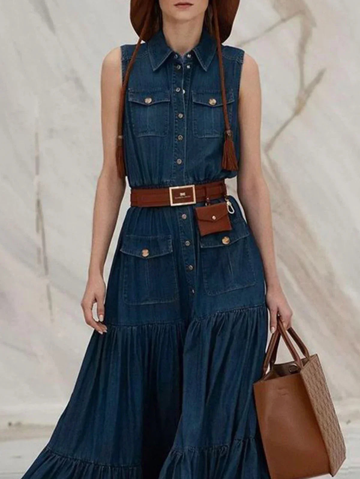 jinran Women Fashion Demin Tank Dress Turn Down Coallr Vintage Pleated A-Line Summer Casual Retro High Street Pockets Dresses 2024