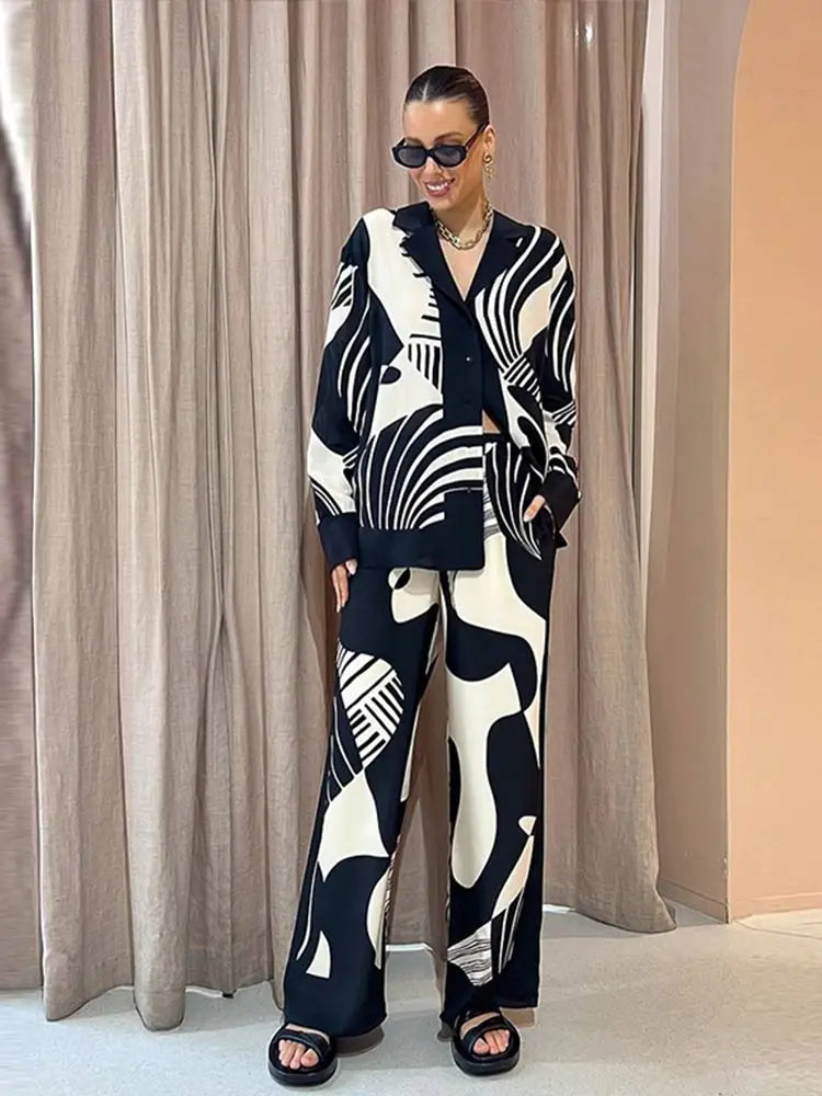 jinran Women Digital Printed Two-piece Set Chic Lapel Long Sleeved Top Loose Straight Leg Pants Suit 2024 Fashion Lady High Streetwear