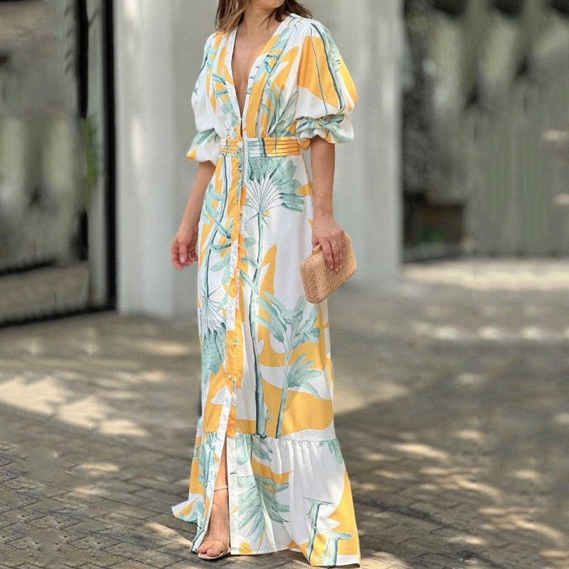jinran Women Maxi Dress Summer Stylish Print Short Puff Sleeve V Neck Nipped Waist Slim Single Row Button Beach Party Dresses