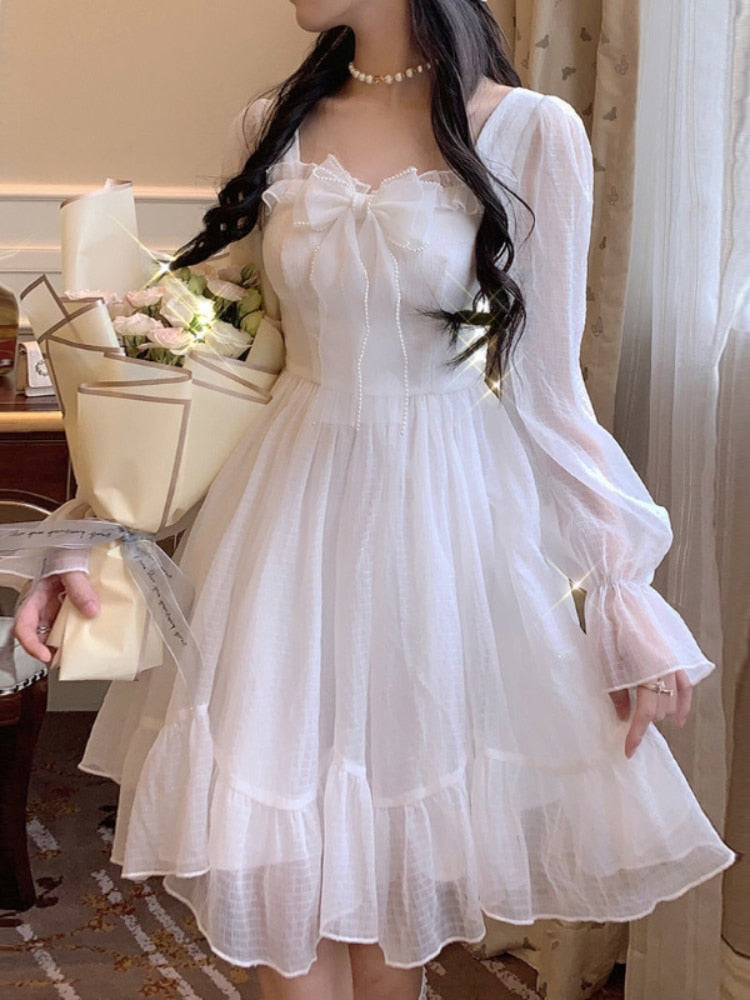 jinran White Kawaii Dress Women Chiffon Lolita Style Long Sleeve Mini Dresses Bow Fairy Robe Ruffles Patchwork Square Collar