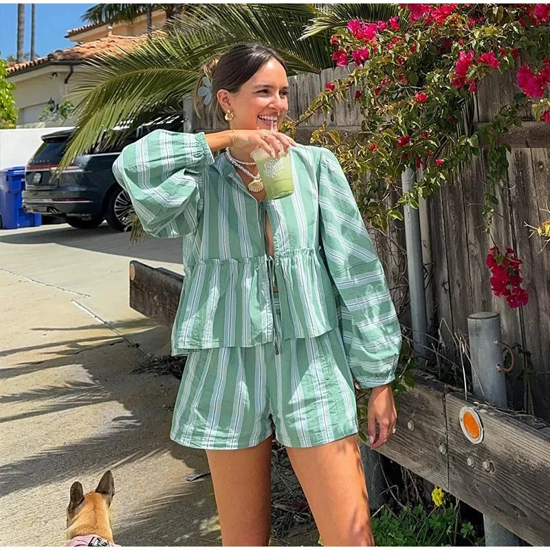 jinran Striped Lace Up Shorts Suit Women Ruffles Hollow Out Long Puff Sleeve Shirt Wide Leg Short Pant Sets 2024 Summer Holiday Outfit