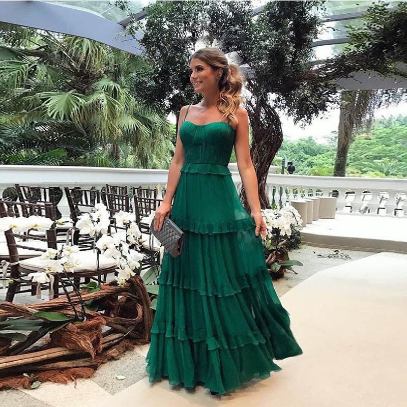 jinran Woman Chiffon Spaghetti Long Dress Fashion Sleeveless Bridesmaid Dress Elegant Pleated Cocktail Evening Party Gowns