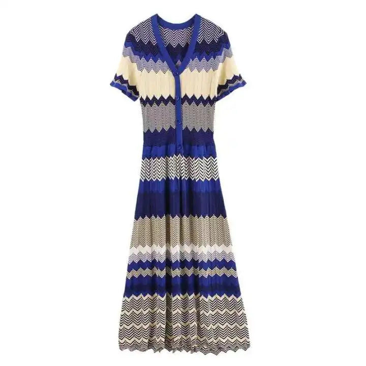 jinran Women Contrast Knitted Slim Maxi Dress Fashion Round Neck Short Sleeve Dresses 2024 Autumn Elegant Lady Vacation Street Vestido