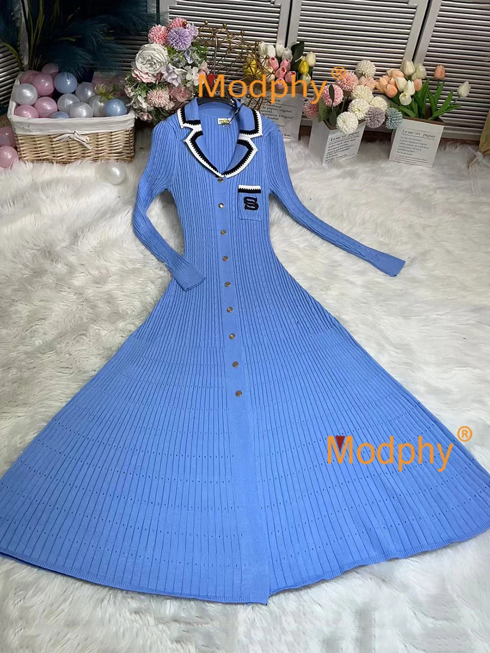 jinran 2024 Elegant Slim Knitted Long Dress Women's Letter Single Breasted Long Sleeved Designer Vintage Dresses Autumn