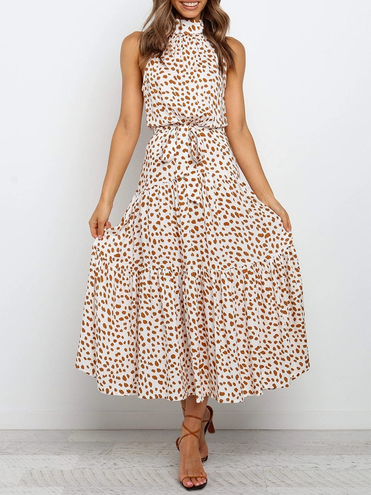 jinran Polka Dots Vintage Women Summer Halter Maxi Boho Dress Sleevless Navy Blue Floral Print Long Sash Beige A-line Beach Casual Robe