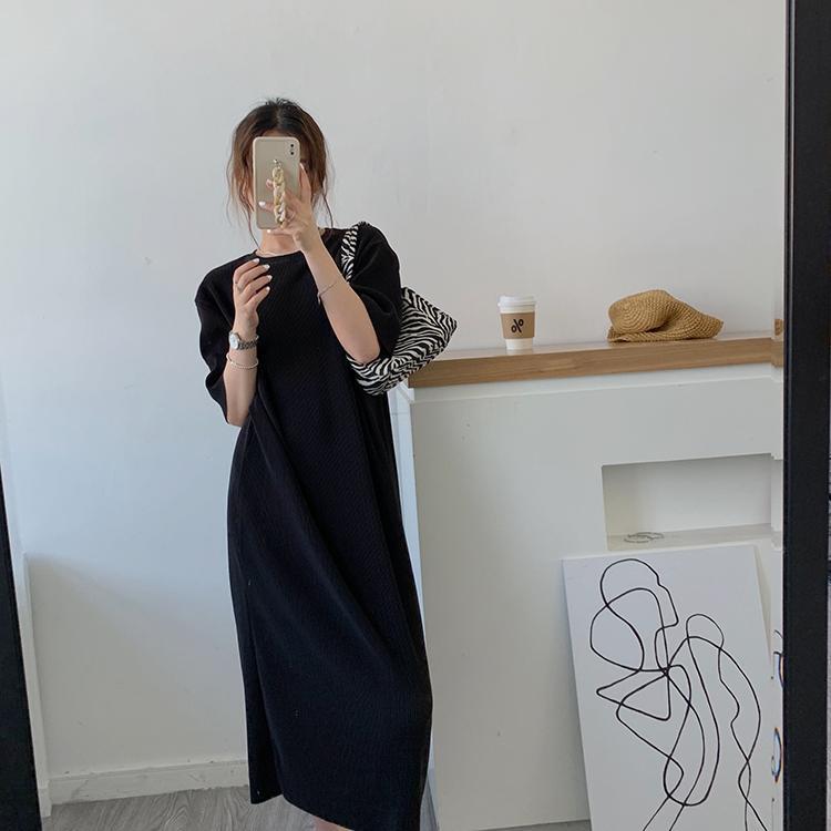 jinran Short Sleeve Dress Women Summer New Leisure Large Size Simple Solid Retro Fashion M-4XL Chic Soft Elegant Mid-calf Dress