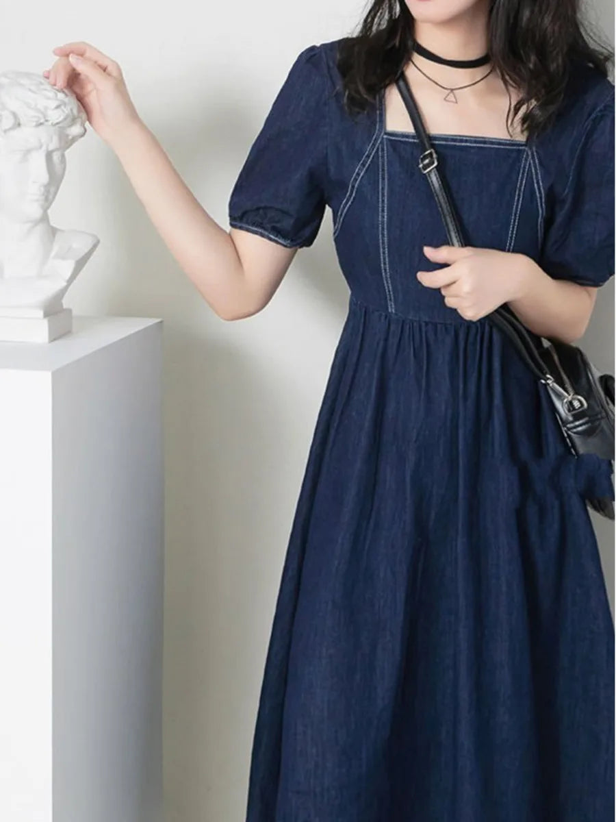 jinran Vintage Square Neck Denim Dress Women Chic Back Zipper Pleated Spliced Female Short Sleeve Dresses 2024 Summer New Vestido