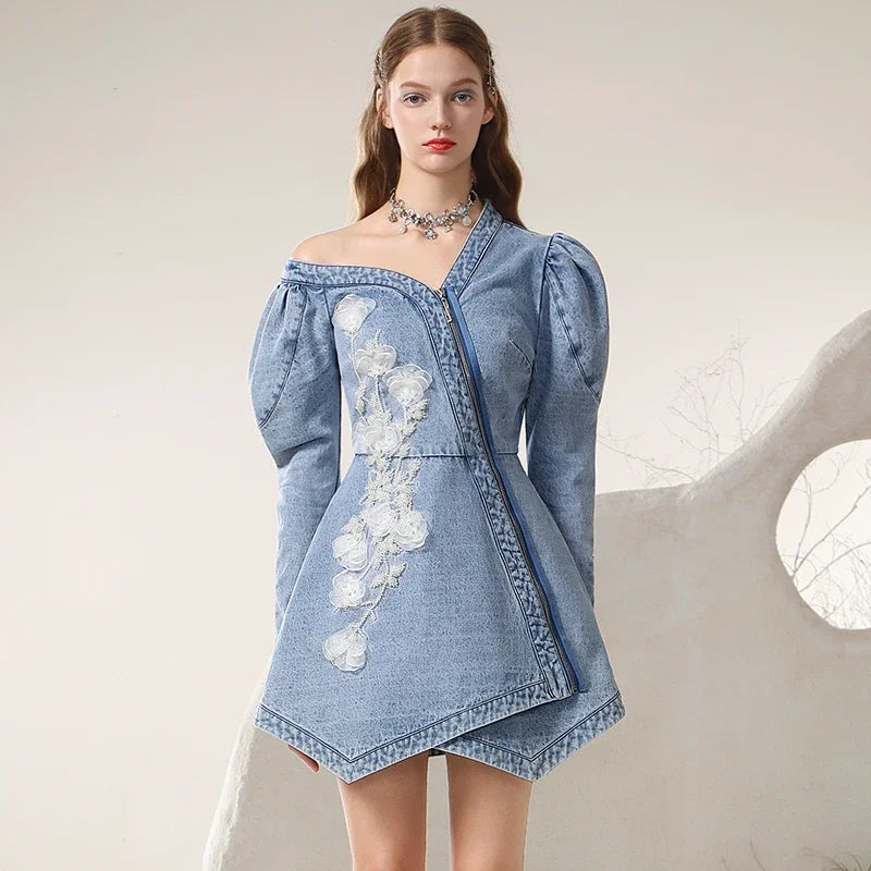 jinran Spring 2024 New Irregular Sexy Cold-Shoulder Mesh Flower Famale Dress New Chinese Style Denim A-LINE Women Dresses