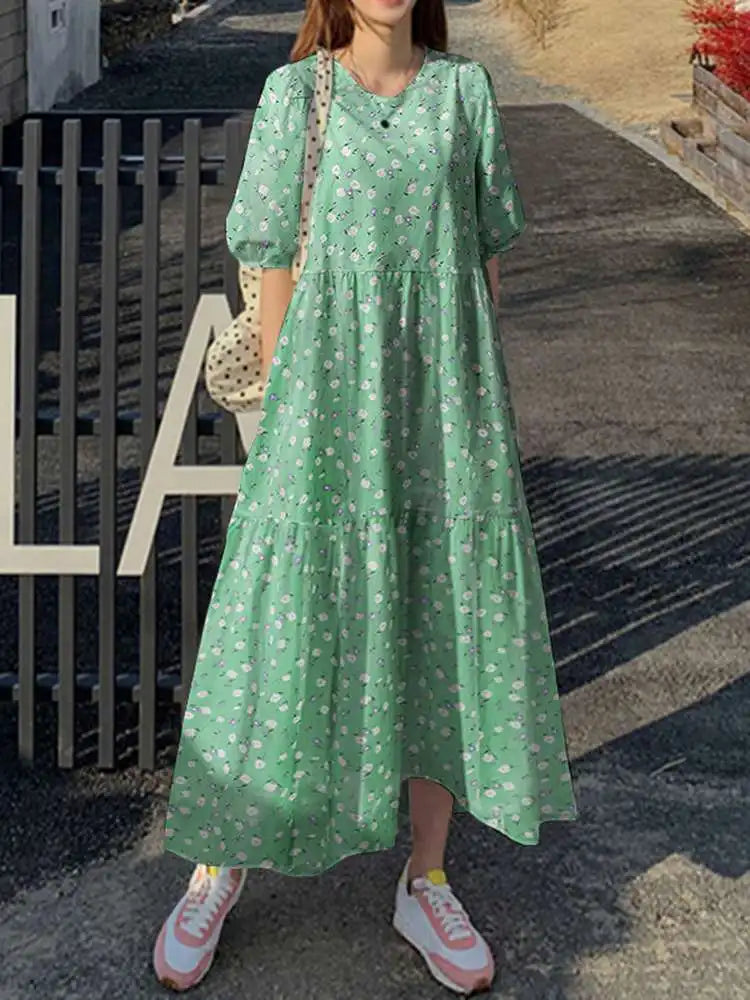 jinran Women Summer Floral Sundress Bohemian Printed Dresses Holiday Party Beach Dress Short Sleeve Maxi Vestidos Robe Femme