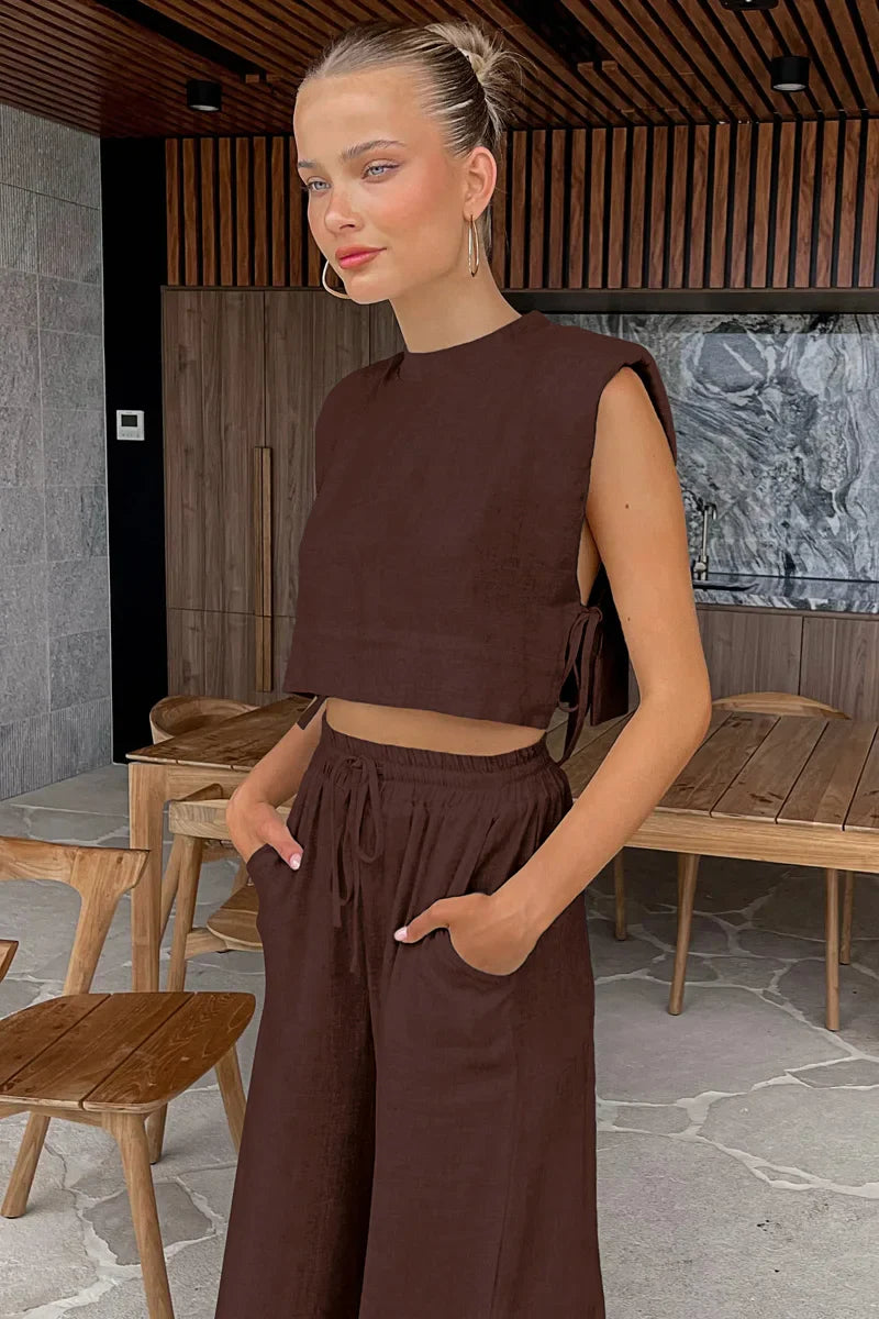 jinran Spring Summer 2024 Women Holiday Linen Pant Set Crop Tops Solid Outfits 2 Two Piece Matching Set For Women
